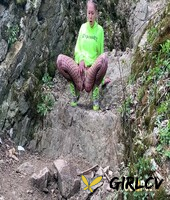 blonde chick claudia macc squats for a piss in fishnet hose while in the woods94038