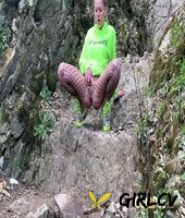 blonde chick claudia macc squats for a piss in fishnet hose while in the woods94039