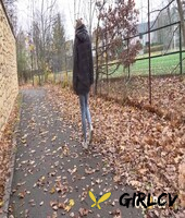 white girl claudia macc takes a piss on fallen leaves near a sports park 70061399136358