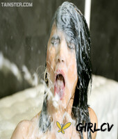 dark haired girl gets plastered in sperm after discovering a gloryhole