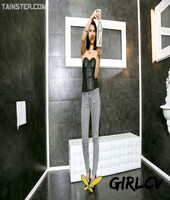 dark haired girl gets plastered in sperm after discovering a gloryhole