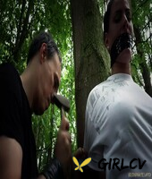 brunette slave athina tied to tree for outdoor spanking & deepthroat face fuck108707
