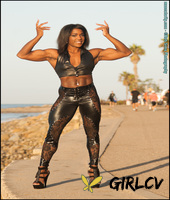black bodybuilder jaquita person taylor flexes outside in black leather attire92880