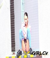young girl adele unicorn pulls down blue jeans to pee on a set of public steps140234