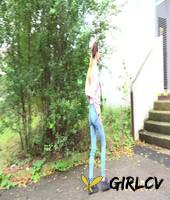 young girl adele unicorn pulls down blue jeans to pee on a set of public steps140224