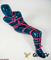 fetish model ropemarks is encased in latex clothing while bound with pink rope 90511567189194