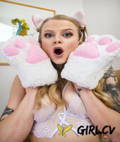 sexy skinny teen in a pussycat costume paris white plays with a buttplug tail